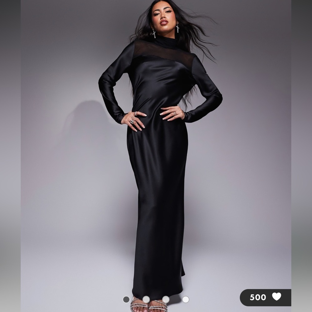 Daska high neck satin dress with sheer details in black